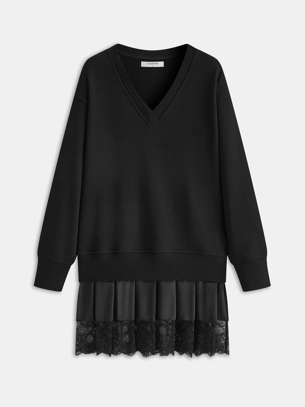 Commense Pleated Hem Lace-Trimmed Sweatshirt Dress